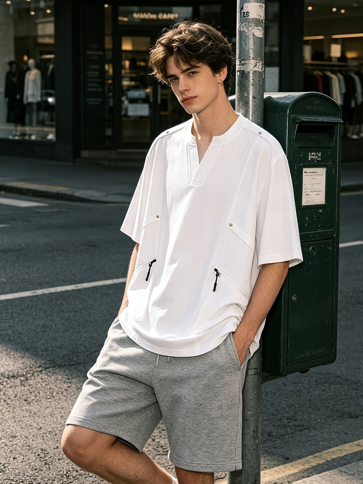 [Kuzan Yuki OBM] Men'S Summer New V-Neck Cargo Casual T-Shirt for Travel, Commute, Vacation, Individual, All-Match Fashion Tee - White