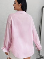 New Women's Beautiful Striped Shirt with Cuff Tie Bow Decoration, Casual Shirt - Pink Color