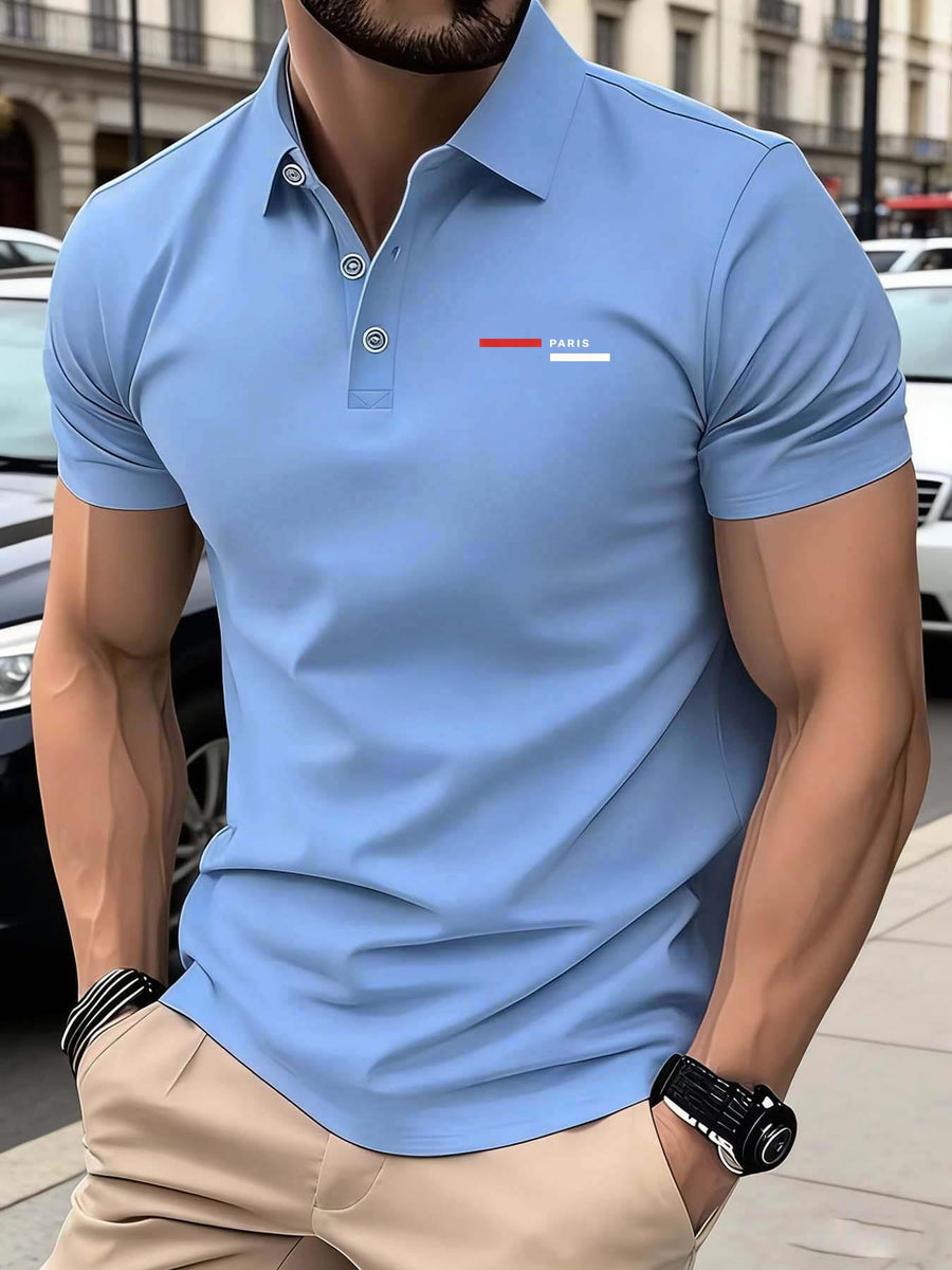 PARIS Pattern Print - Premium Men'S Classic Fashion Sport Casual Solid Color Short Sleeve Polo Shirt, Stylish And Breathable, Quick-Dry And Moisture-Wicking, Soft And Skin-Friendly, Multifunctional Polo Shirt Designed for Men - Sky Blue
