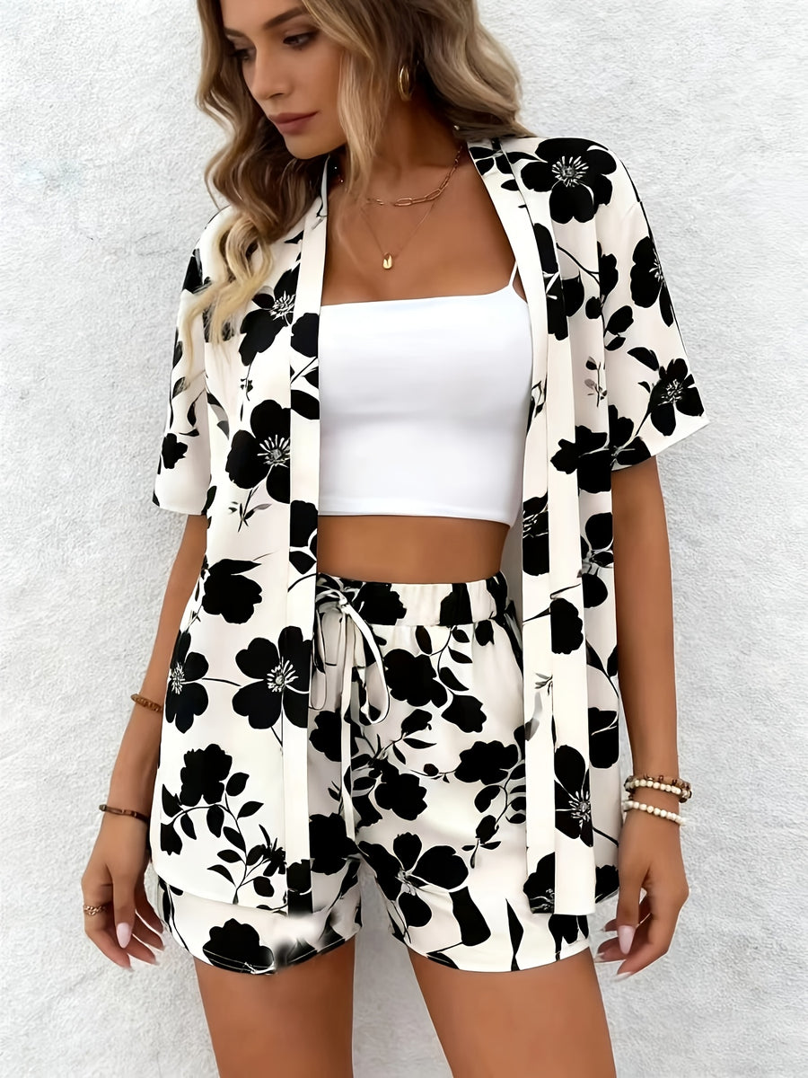 Vacation-style Geometric Print Short Set, Featuring a Front-open Short-sleeve Tunic and a Drawstring Loose-fit Shorts, Suitable for Spring and Summer, Women's Clothing - Black