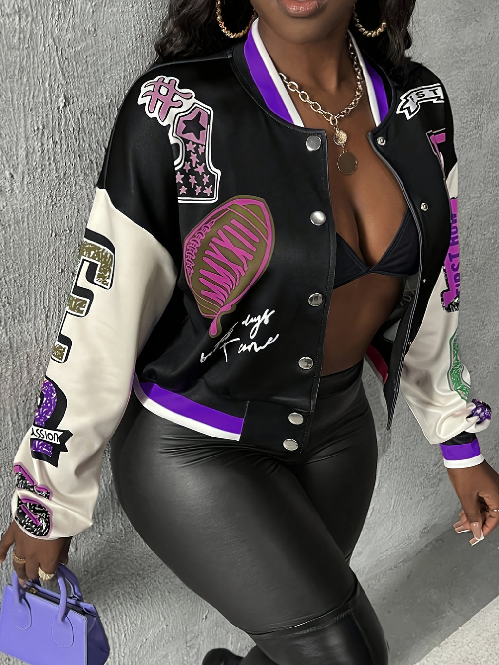 ZD0815155 Women's Elegant Spring/Autumn Contrast Color Placement Print Baseball Jacket Casual Lightweight Jacket Outerwear - Black