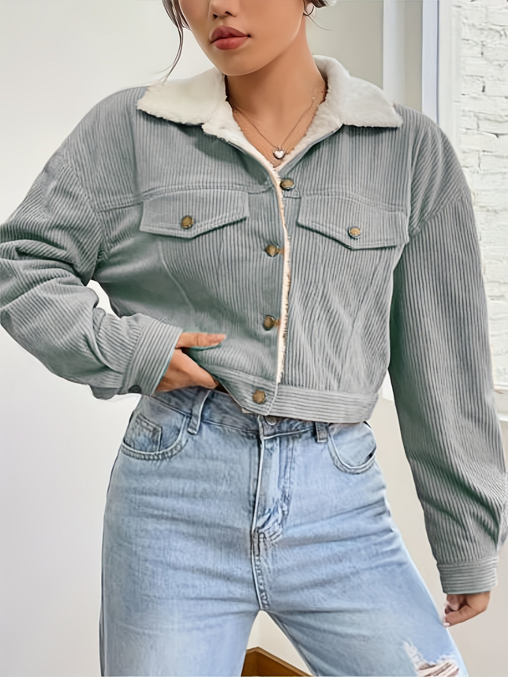 Women'S Short Corduroy And Lamb Jacket for Autumn And Winter, Featuring a Fleece Collar, Versatile Korean-Style Warm Top - Space Gray