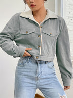 Women'S Short Corduroy And Lamb Jacket for Autumn And Winter, Featuring a Fleece Collar, Versatile Korean-Style Warm Top - Space Gray