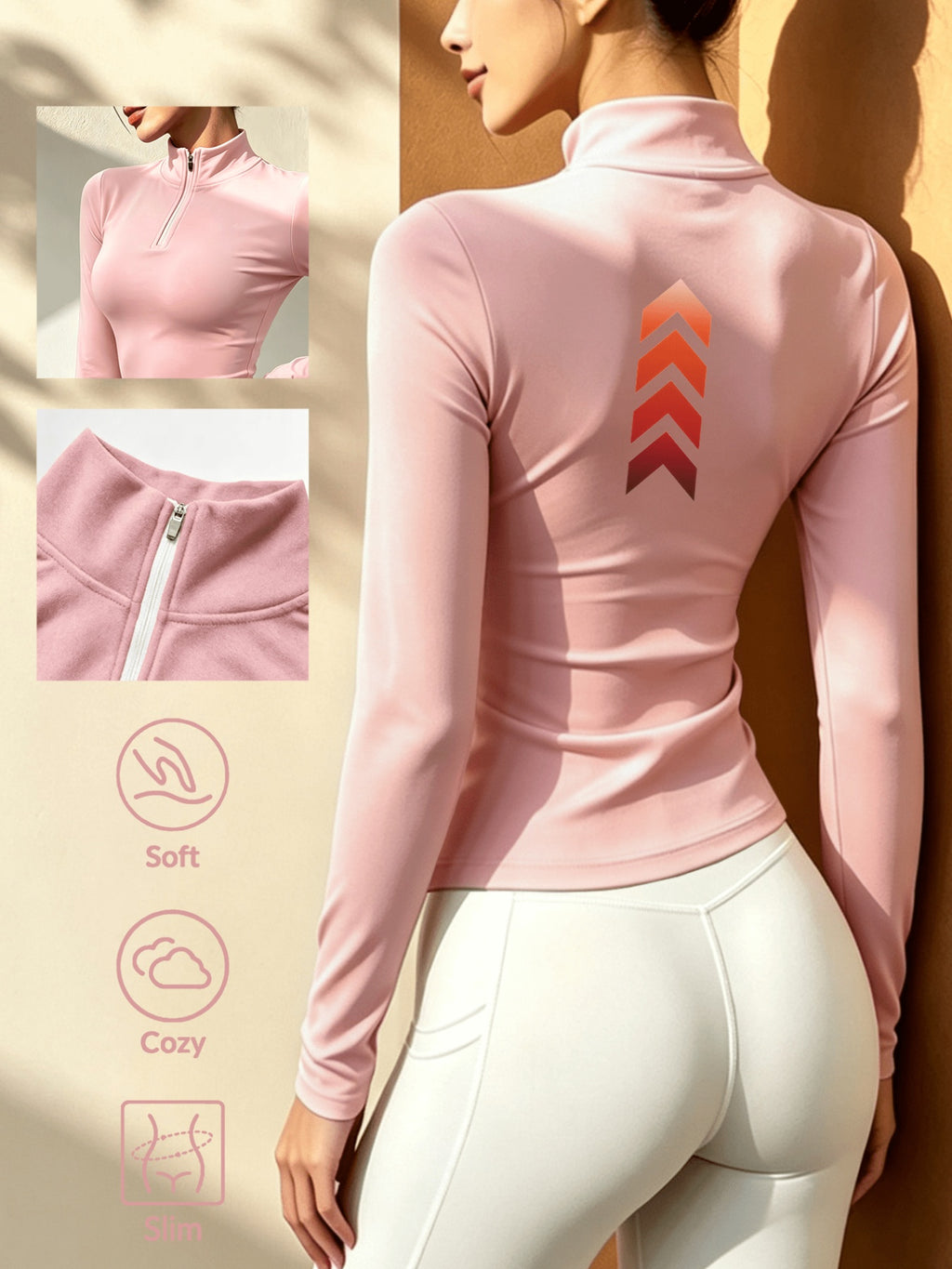 Women'S Solid Color Half-Zipper Long Sleeve Top, Waist-Cinching Warm T-Shirt - pink