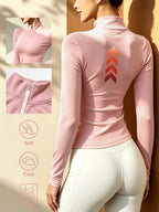 Women'S Solid Color Half-Zipper Long Sleeve Top, Waist-Cinching Warm T-Shirt - pink