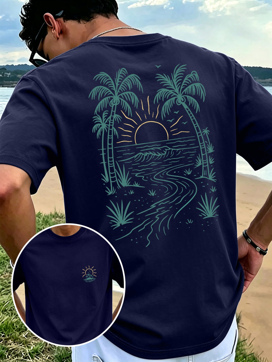 Men'S New Pure Short Sleeve Round Neck T-Shirt Palm Tree Tropical Coast Sunset Print Comfortable Soft Breathable Suitable for Casual Summer Essential - Navy Color