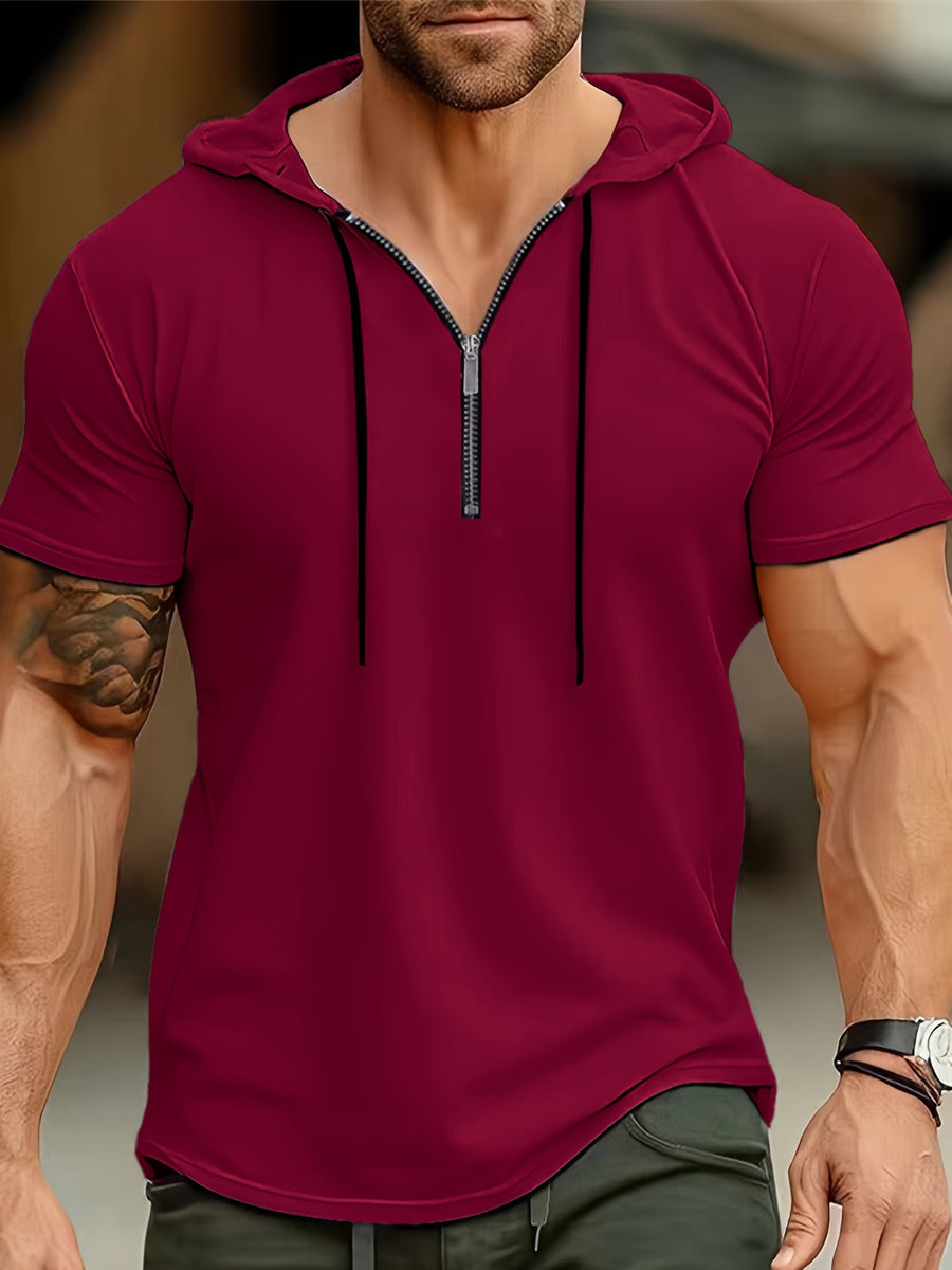 1 Men's Casual Henley Shirt, Men's Sportswear Fitness Hooded Short-Sleeve T-Shirt, Summer Hooded Sports Top T-Shirt - Red