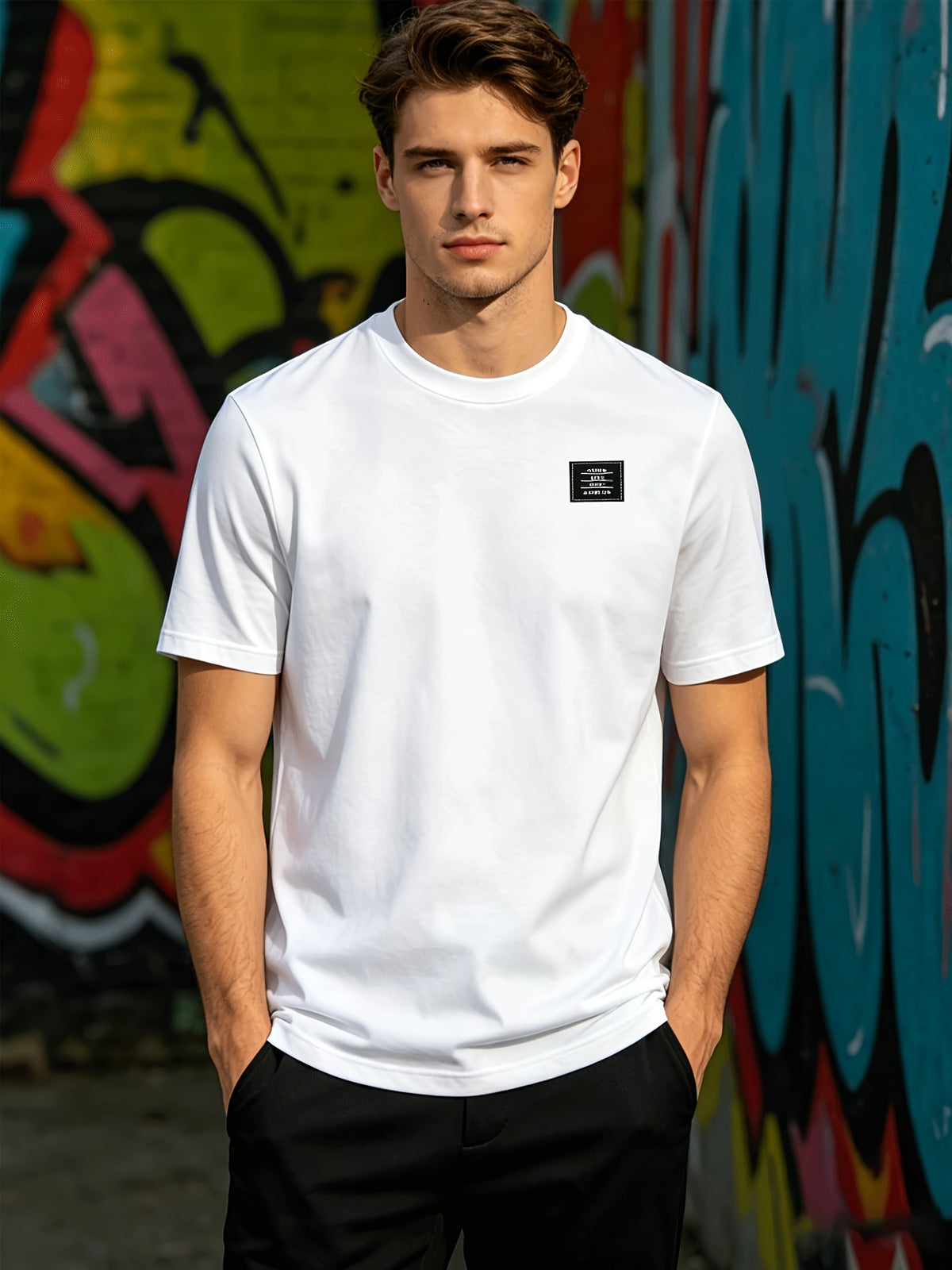 180G Summer Solid Color Pure Men'S Clothing, Multi-Color Optional T-Shirt And Chap Design (1pc) Loose Lazy Skin-Friendly Wrinkle-Free Men'S Basic Top, Short Sleeve Lightweight Breathable - White