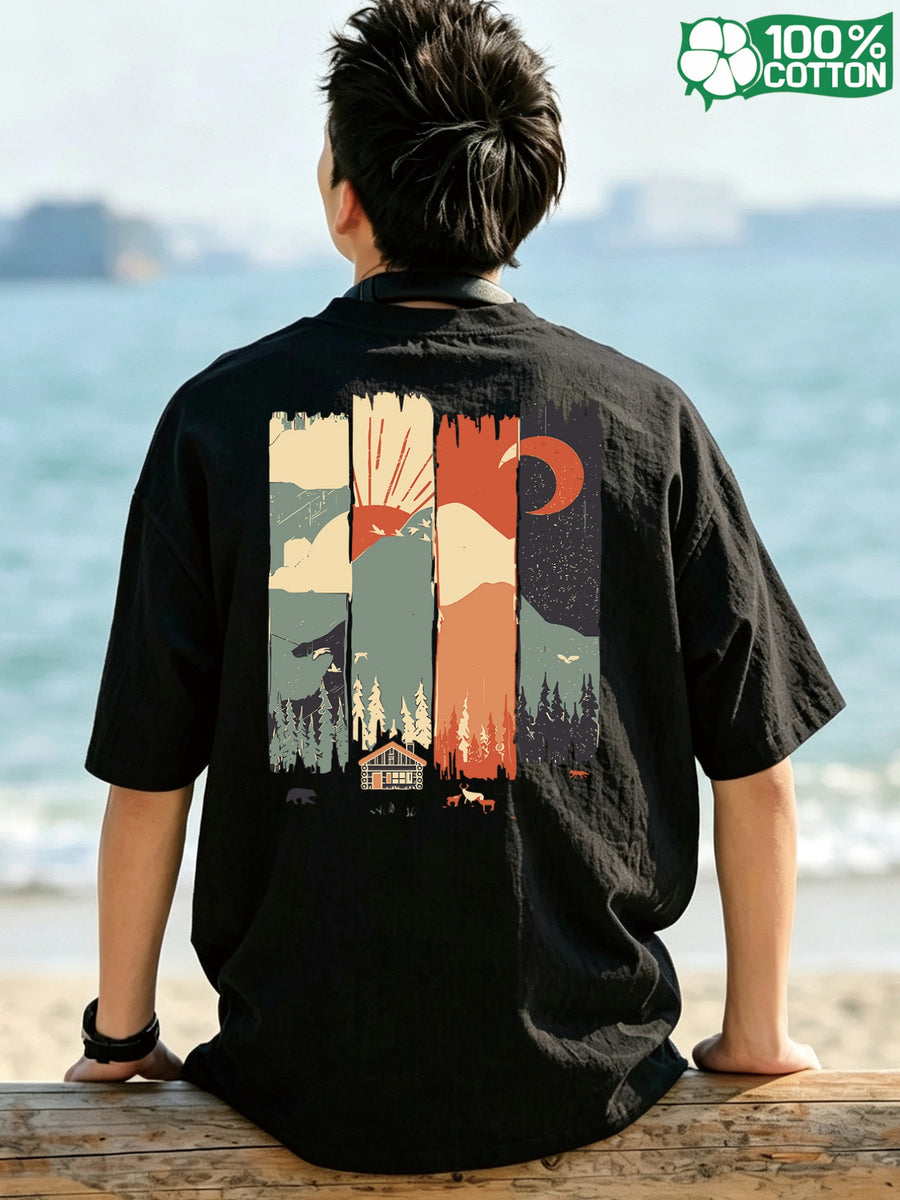 Short-sleeve T-shirt, Round Neck, Pure Cotton, Popular Summer All-season Landscape Print Featuring Mountains, Trees, and Animals. Breathable, Casual, and Versatile for Fitness. New Summer Pattern Print, Fashionable and Casual Style Suitable - Black