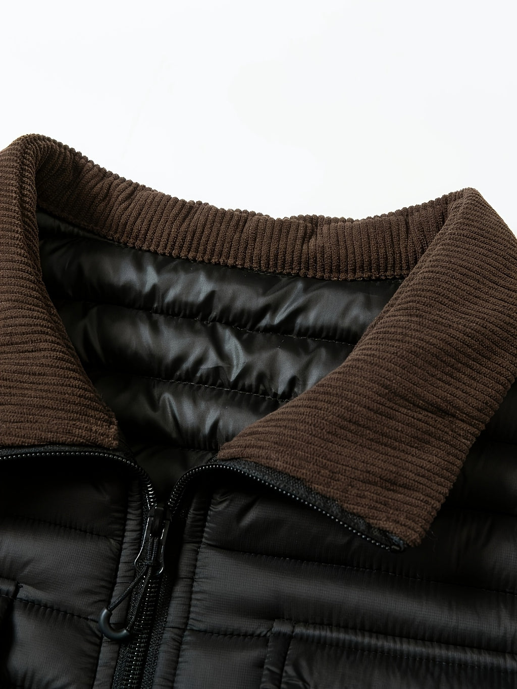 Men'S Horizontal Quilted Winter Jacket, Brown Corduroy Collar, 4-Pocket Utility Style with Ribbon Loops, Full-Zip Closure, Lightweight Warm Padded Coat, Suitable for Skiing, Riding, Hiking, Camping, Casual Commute And Business Attire - Black