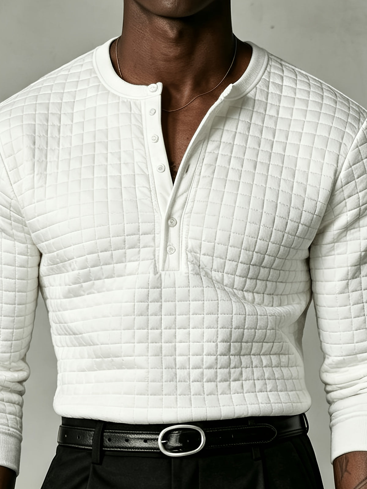 Joshmei OBM New Men's Checkered Embossed Texture Henley Long-Sleeve Shirt, Half-Button Placket Textured Minimalist Casual Top, Autumn/Winter Slim Fit for Daily Commute and Streetwear, Multiple Colors Available - White