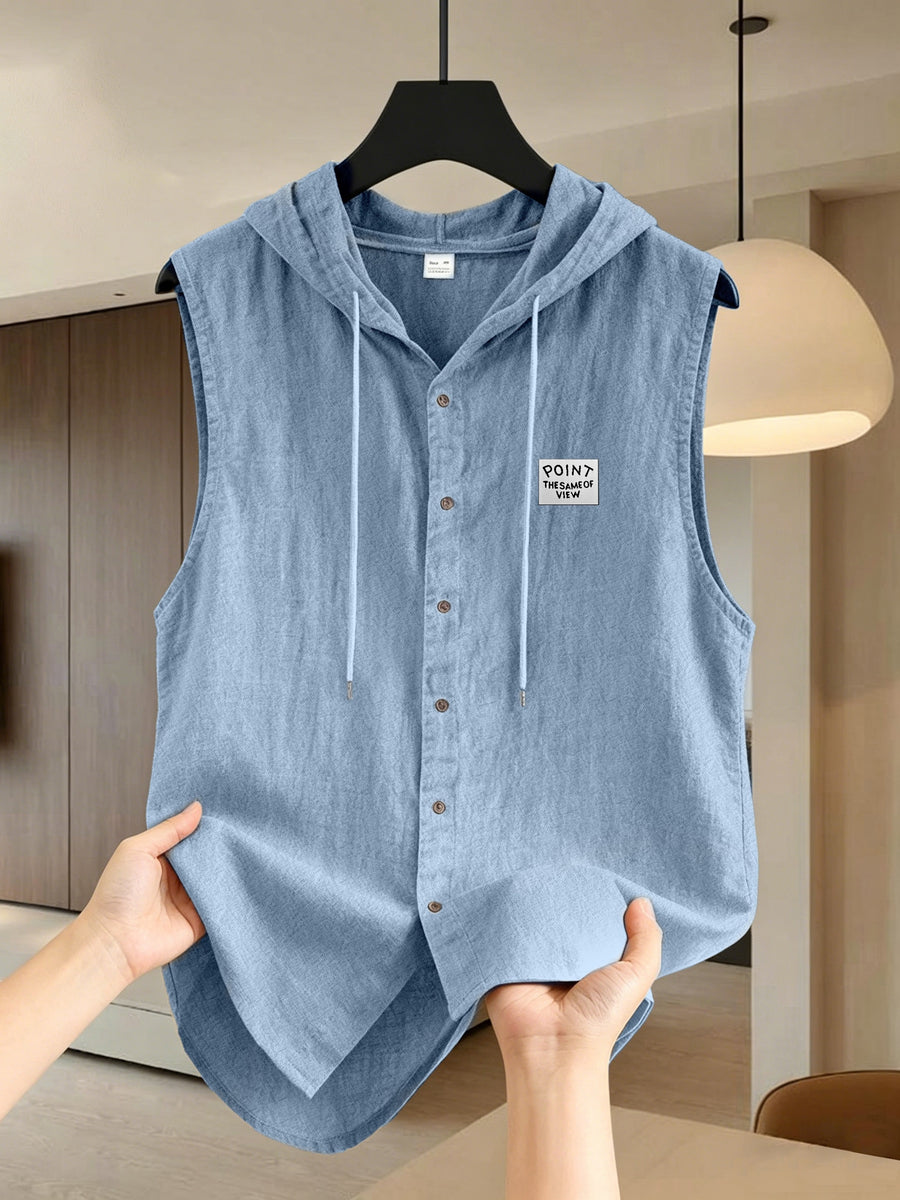 Pearson OBM Men's Sleeveless Hooded Shirt, Upgraded Textured Comfortable and Breathable Fabric Hooded Vest, Men's Linen Fashion Hoodie, Summer Top Casual and Lightweight with Button and Drawstring, Suitable for Outdoor Activities, Beach, and Coast - Light Blue