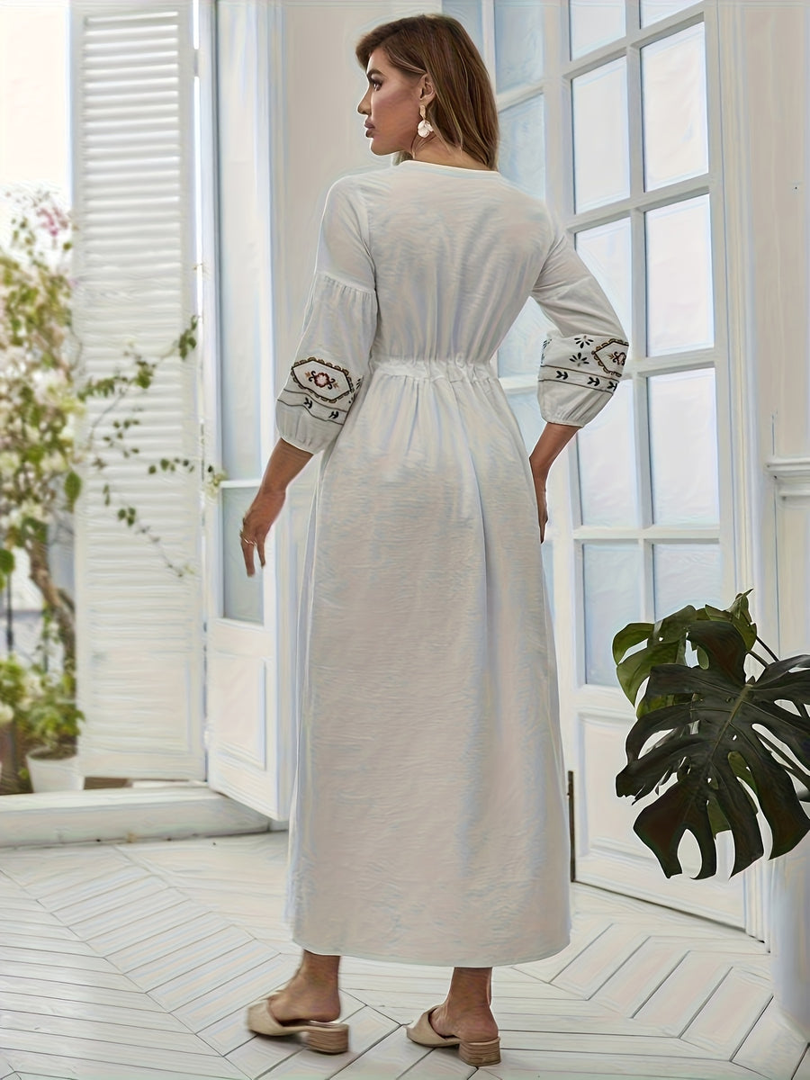 Women's Tie-Neck Floral Geometric Embroidery Drawstring Dress - White