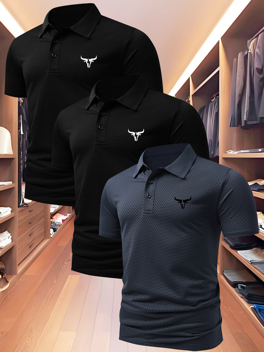 3pcs Value Pc, Summer Short-sleeve Polo Shirt! New Jacquard Fabric, Quick-drying, Lightweight and Breathable, Easy to Wash and Dry Quickly. Men's Color-blocked Cool and Comfortable Polo Shirt with Lapel, for Sports and Casual Wear. Men's Short-sleeve - Black Black Blue