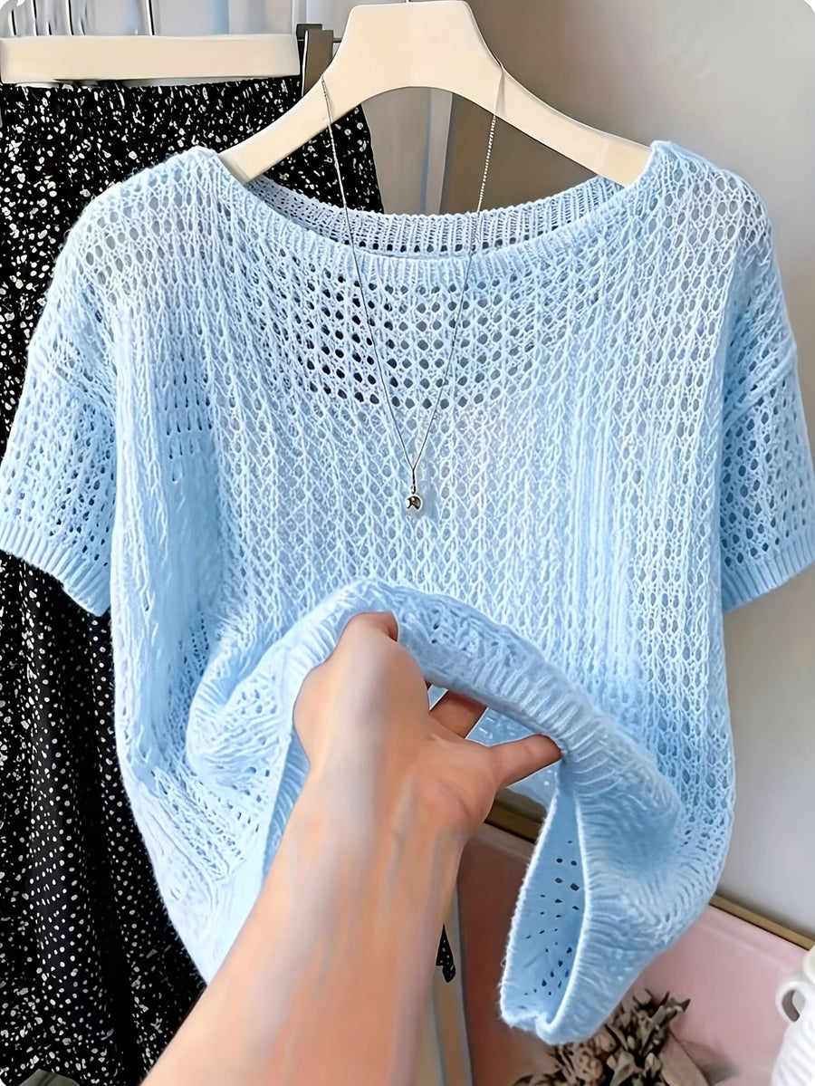 Women's Hollow Out Short Sleeve Blouse Sweater - Semi-Sheer Crochet Round Neck Lightweight Summer Top, Breathable Loose Pullover Blouse Suitable for Daily Wear & Vacation, Machine Washable Solid Color Crochet Knitwear - Sky Blue