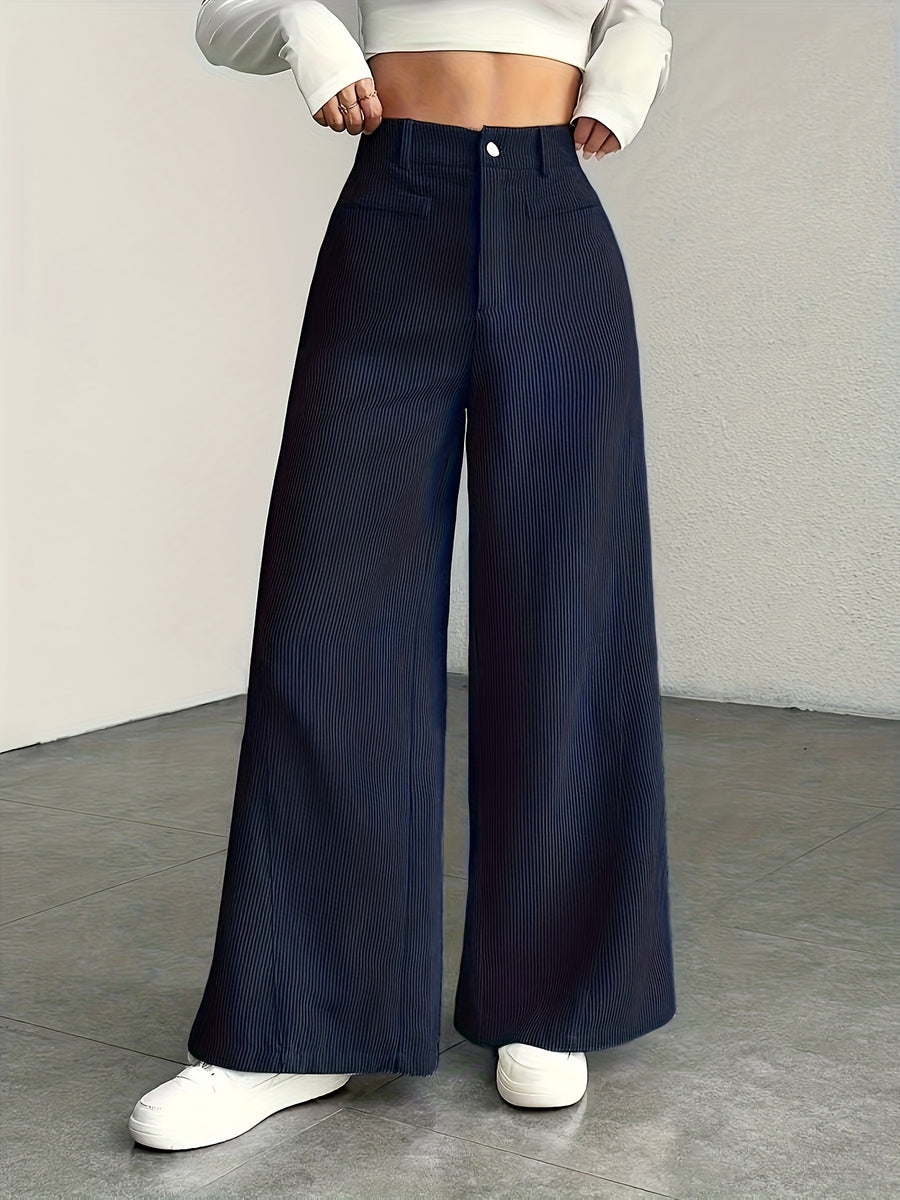 Women's High-Waisted Wide-Leg Corduroy Pants - Straight Leg Trousers with Corduroy Texture & Striped Suitable for All-Season Wear, Machine Washable Non-Stretch Corduroy Pants for Office, Casual, Everyday Outfits (No Transparency) - Blue