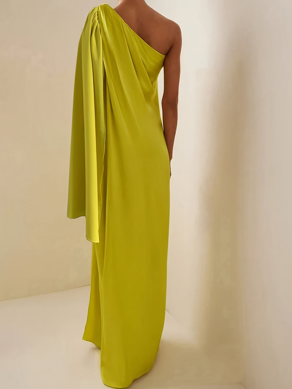 Women's Arabic Gown Dress - One-Shoulder Off-Shoulder Cape Maxi Dress with Slit Hem & Asymmetrical Skirt, Sleeveless Elegant Formal Wedding Guest Dress Suitable for Parties, Prom, Special Occasions - Fluorescent Yellow