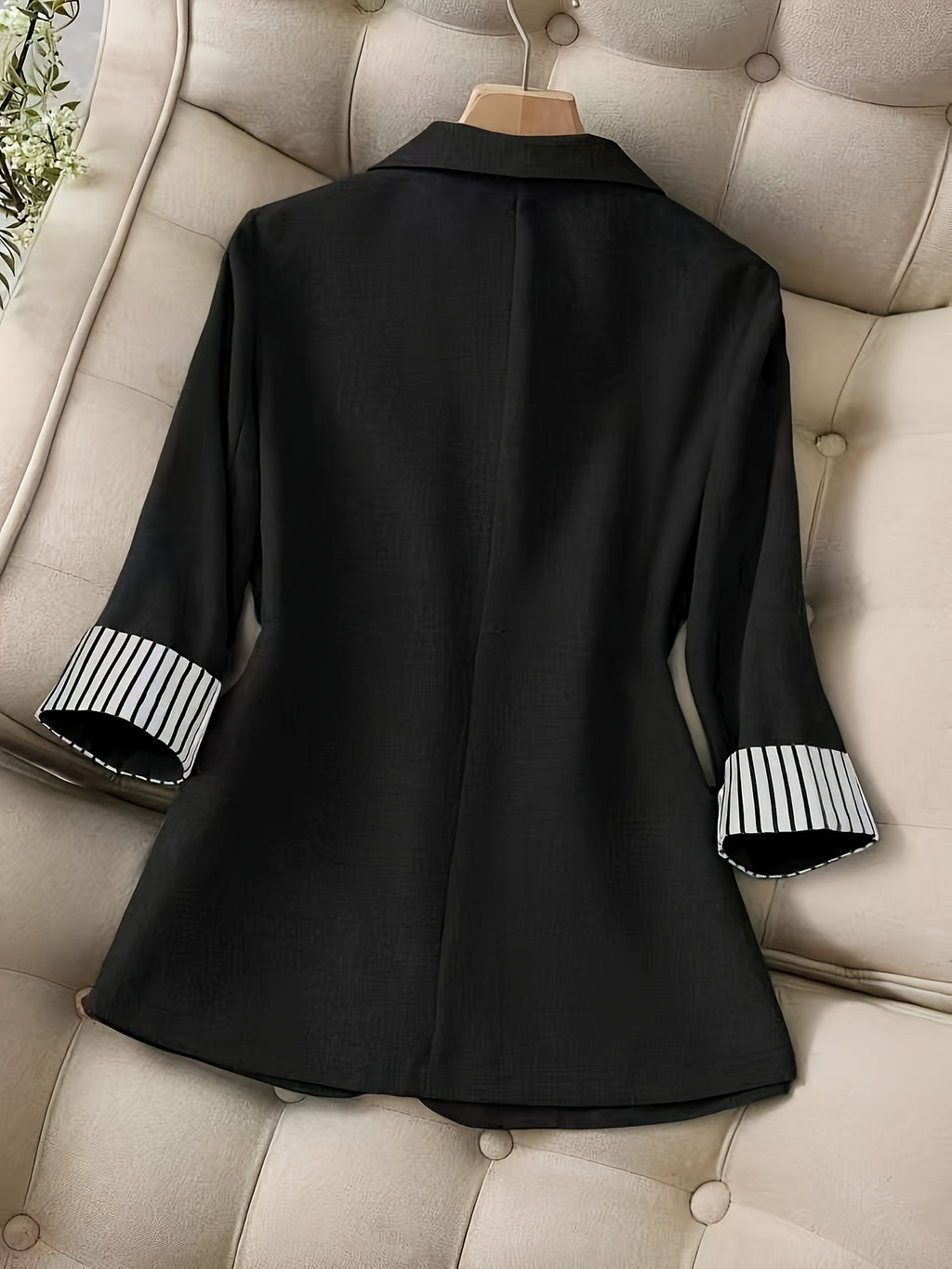 New Women's Fashion Casual Office Commuting Lapel Striped Patchwork Single-Breasted Slim Fit Three-Quarter Sleeve Blazer 603# - Black