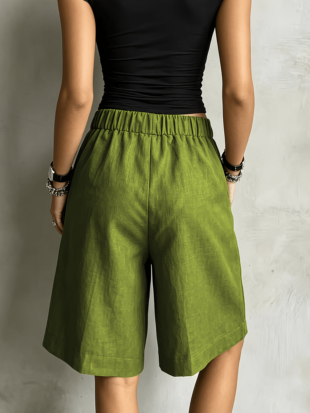 Women'S Casual Solid Color Straight Shorts, Retro Cargo Style Wide-Leg Bermuda Shorts, High-Waist Drawstring Pocket Design Loose Casual Trousers - Yellow-green