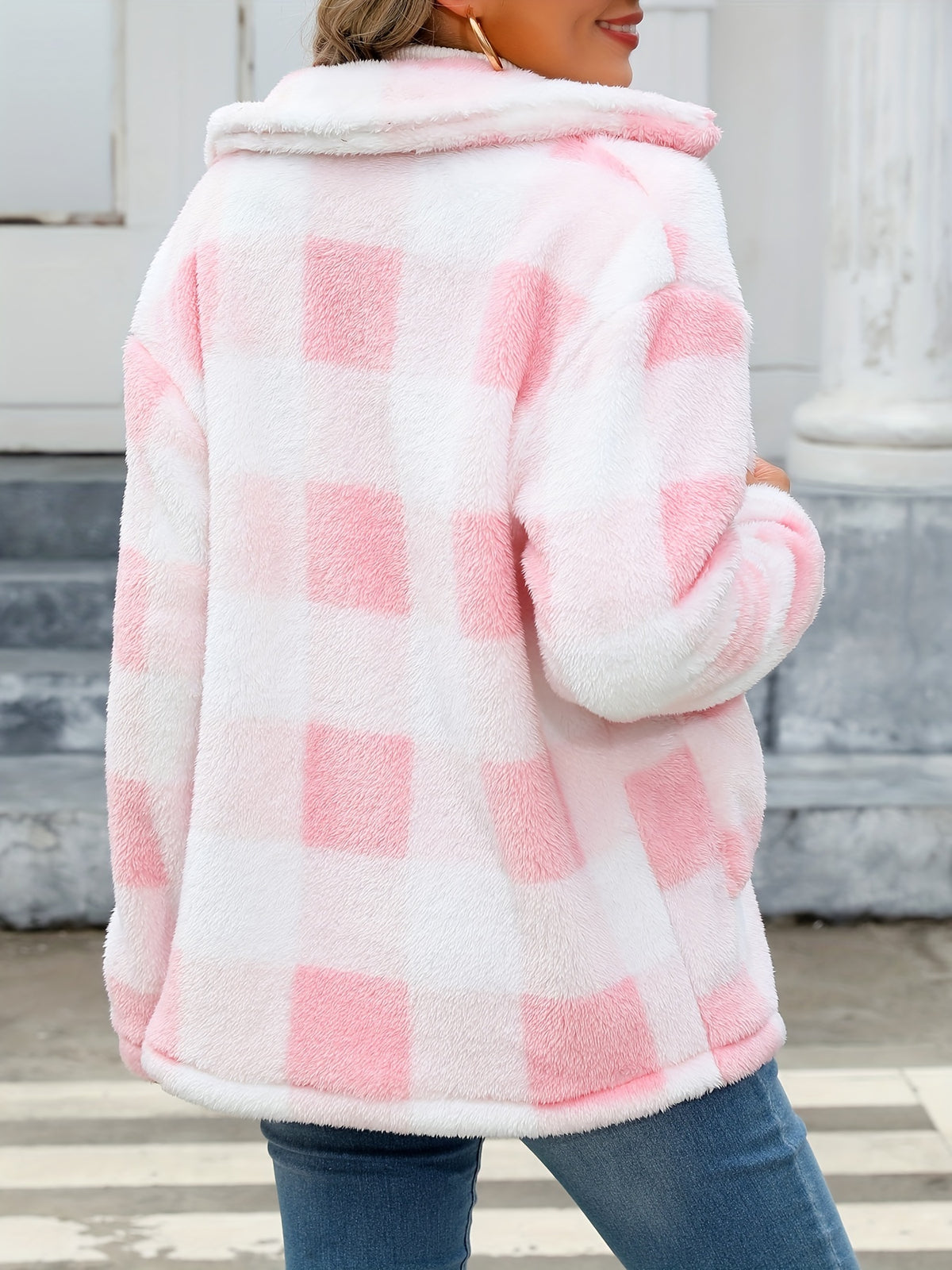 Plaid Print Patched Pockets Teddy Coat, Versatile Long Sleeve Single Breasted Winter Outwear, Women's Clothing - Pink Color