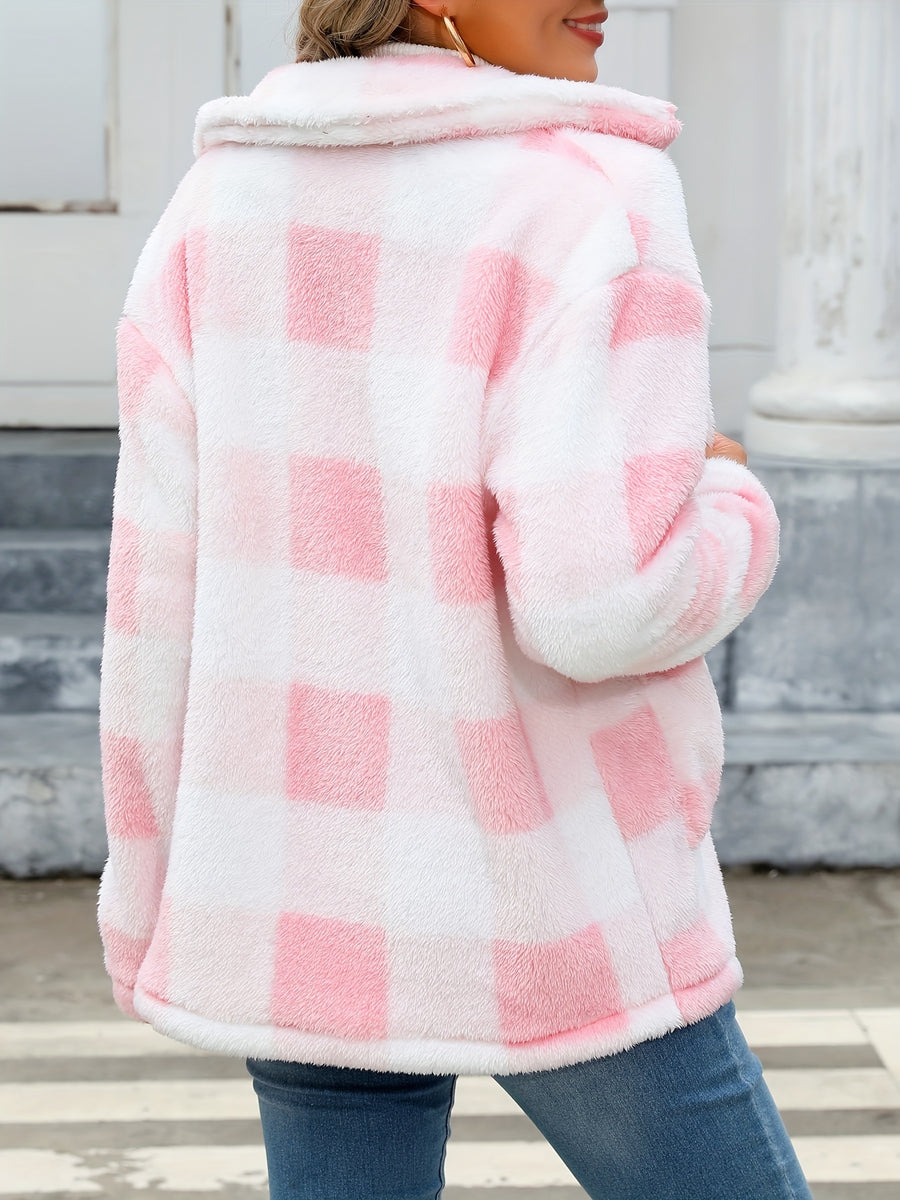 Plaid Print Patched Pockets Teddy Coat, Versatile Long Sleeve Single Breasted Winter Outwear, Women's Clothing - Pink Color