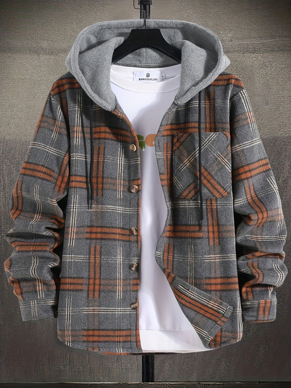 Christmas Men'S Gift Men'S Casual Plaid Hooded Contrast Color Patchwork Harajuku Style Fake Two-Piece Long Sleeve Jacket - Dark Gray