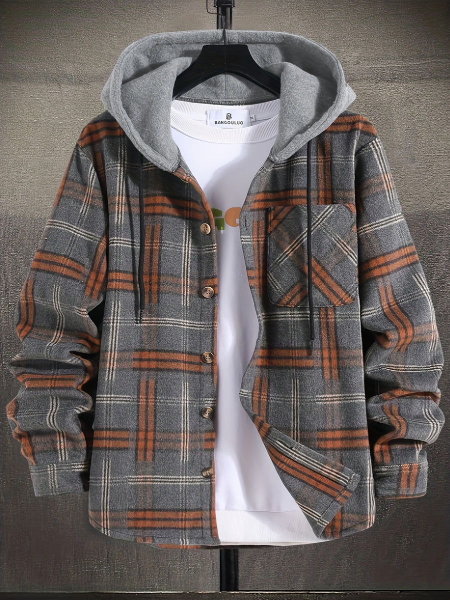 Christmas Men'S Gift Men'S Casual Plaid Hooded Contrast Color Patchwork Harajuku Style Fake Two-Piece Long Sleeve Jacket - Dark Gray