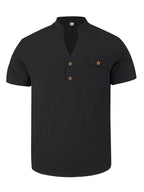 3pcs Set Men's All-cotton Polo Shirt, Men's Solid Color Loose-fit Casual -textured Workwear V-neck Pocket Henley Shirt with Short Sleeves, Suitable for the Beach, Casual Daily Wear, Commuting, Etc. - Blue + White+ Black