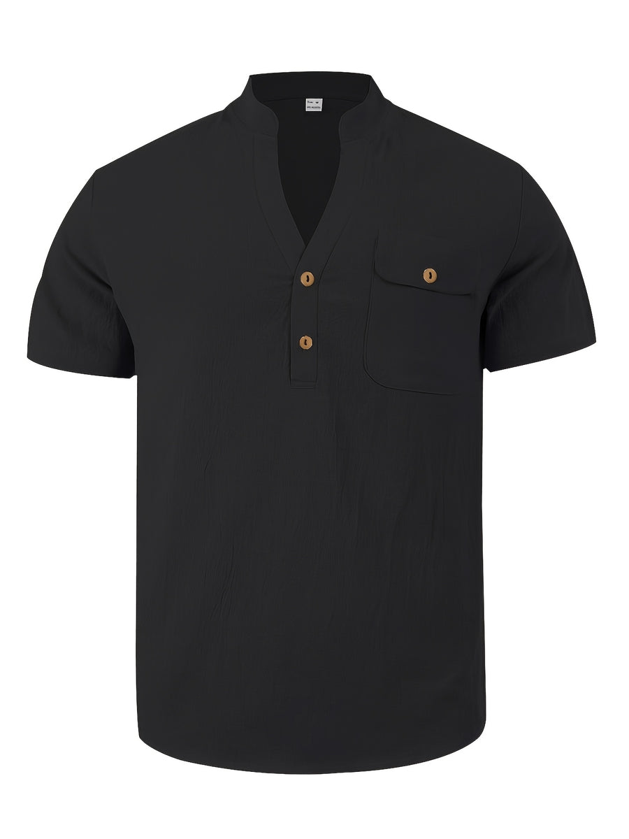 3pcs Set Men's All-cotton Polo Shirt, Men's Solid Color Loose-fit Casual -textured Workwear V-neck Pocket Henley Shirt with Short Sleeves, Suitable for the Beach, Casual Daily Wear, Commuting, Etc. - Blue + White+ Black