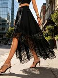 Women's Skirt, Asymmetrical Hem, Ruffled Layered Lace Trim Skirt, Vacation Wear, Black Opaque Long Skirt, Party Banquet Wear, Birthday Outfit, Wedding Guest Attire, Easter Outfit, Carnival Costume, Christmas Outfit, Valentine's Day Wear - Black
