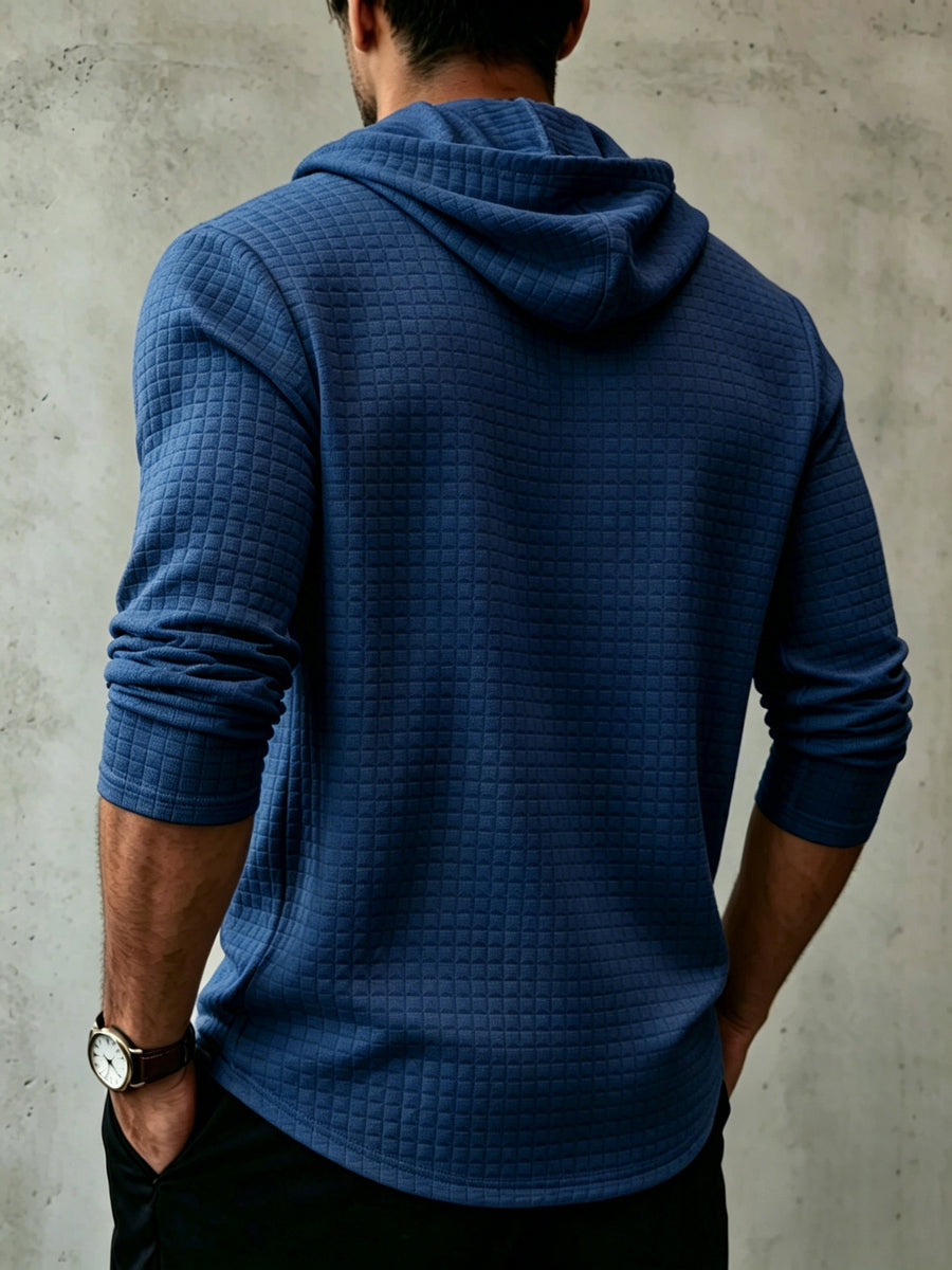 Men'S Fashion Hooded Sweatshirt, Autumn/Winter New Long Sleeve Half-Open Cardigan Top, Niche Small Checkered Jacquard Comfortable Warm Fabric, Solid Color Knit with Hood Craft Trendy Men'S Clothing, New Fabric Craft Design - Navy Color