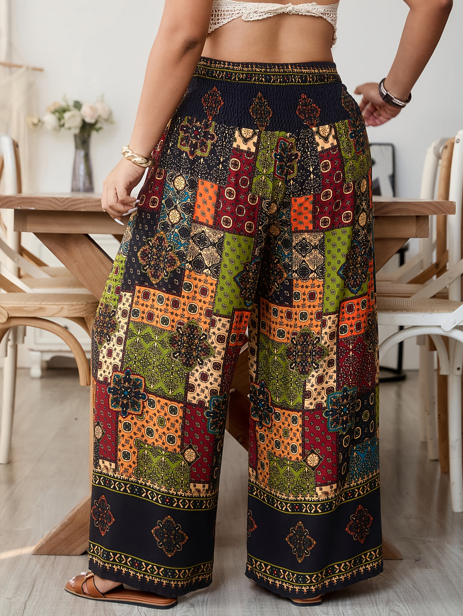 Plus Size, Plus Size Women's Printed Pleated Waist Drawstring High-Waist Wide-Leg Pants, Summer Solstice Plus Size Pants - Multicolor