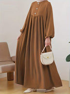 2025 New Muslim Women'S Robe Caramel Color Fashion Casual Bubble Sleeve Easy Loose Solid Color Dress Without Headscarf - Rust