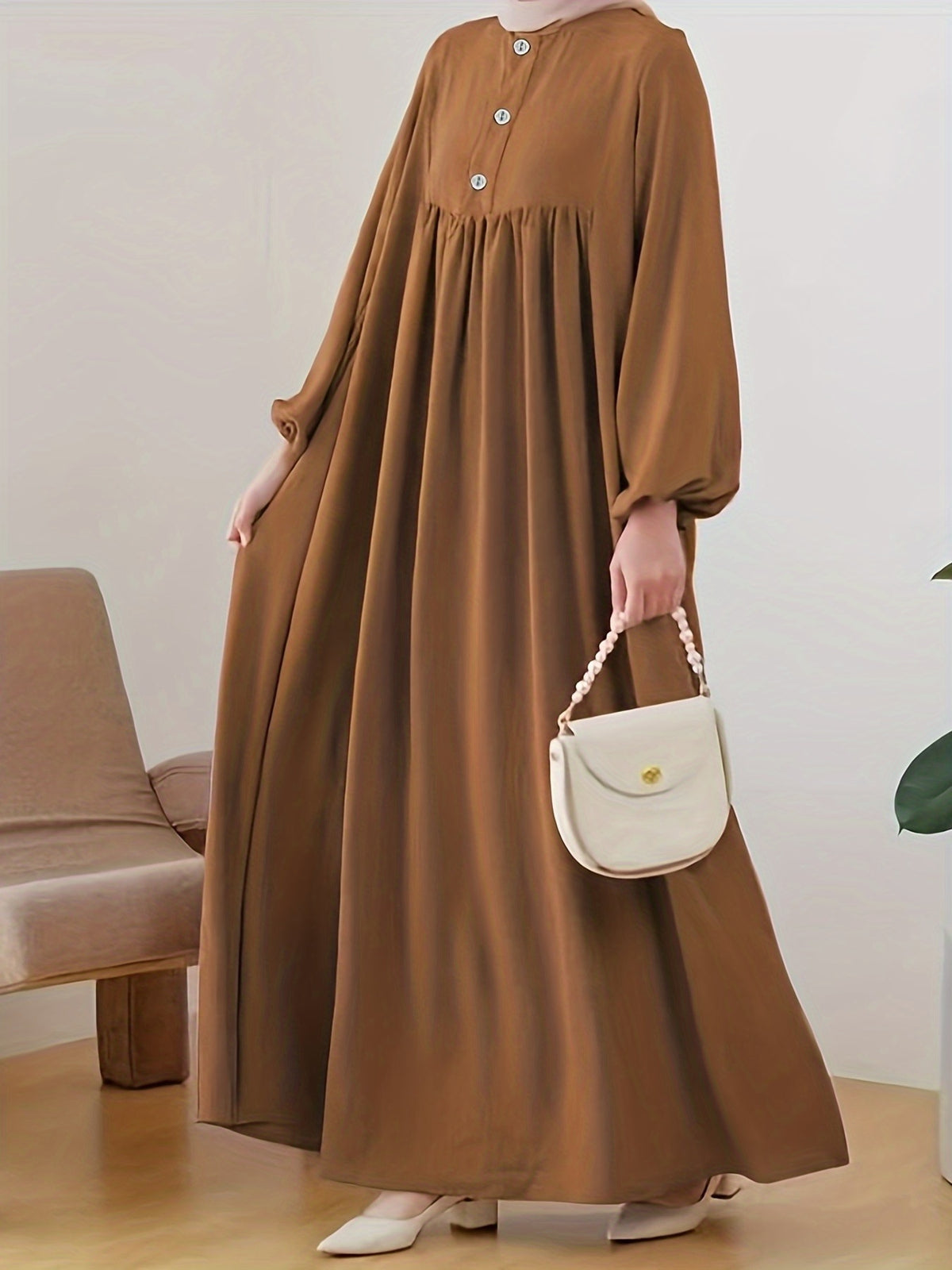 2025 New Muslim Women'S Robe Caramel Color Fashion Casual Bubble Sleeve Easy Loose Solid Color Dress Without Headscarf - Rust