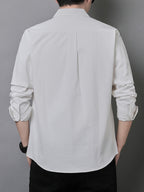 Men'S Long Sleeve Shirt with Lapel, Easy Letter Print Solid Color Hidden Single Pocket Casual Shirt, Washed Breathable Fabric, Spring/Autumn Commute Daily Wear Men'S Top, Inner And Outer Wear Multi-Color Available - White