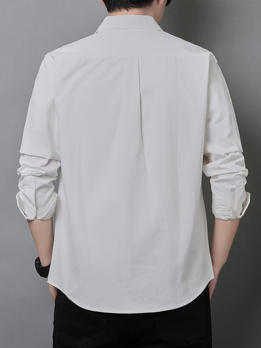 Men'S Long Sleeve Shirt with Lapel, Easy Letter Print Solid Color Hidden Single Pocket Casual Shirt, Washed Breathable Fabric, Spring/Autumn Commute Daily Wear Men'S Top, Inner And Outer Wear Multi-Color Available - White