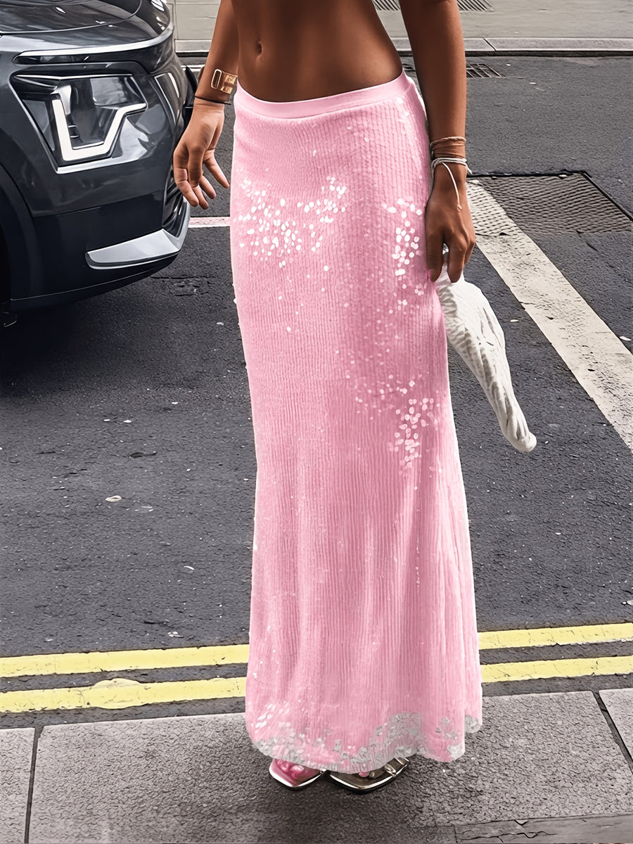 Legend of The Blue Sea, Translucent Blue Sequined Mermaid Half Skirt, Sequin A-Line Hip-Hugging Skirt - Pink