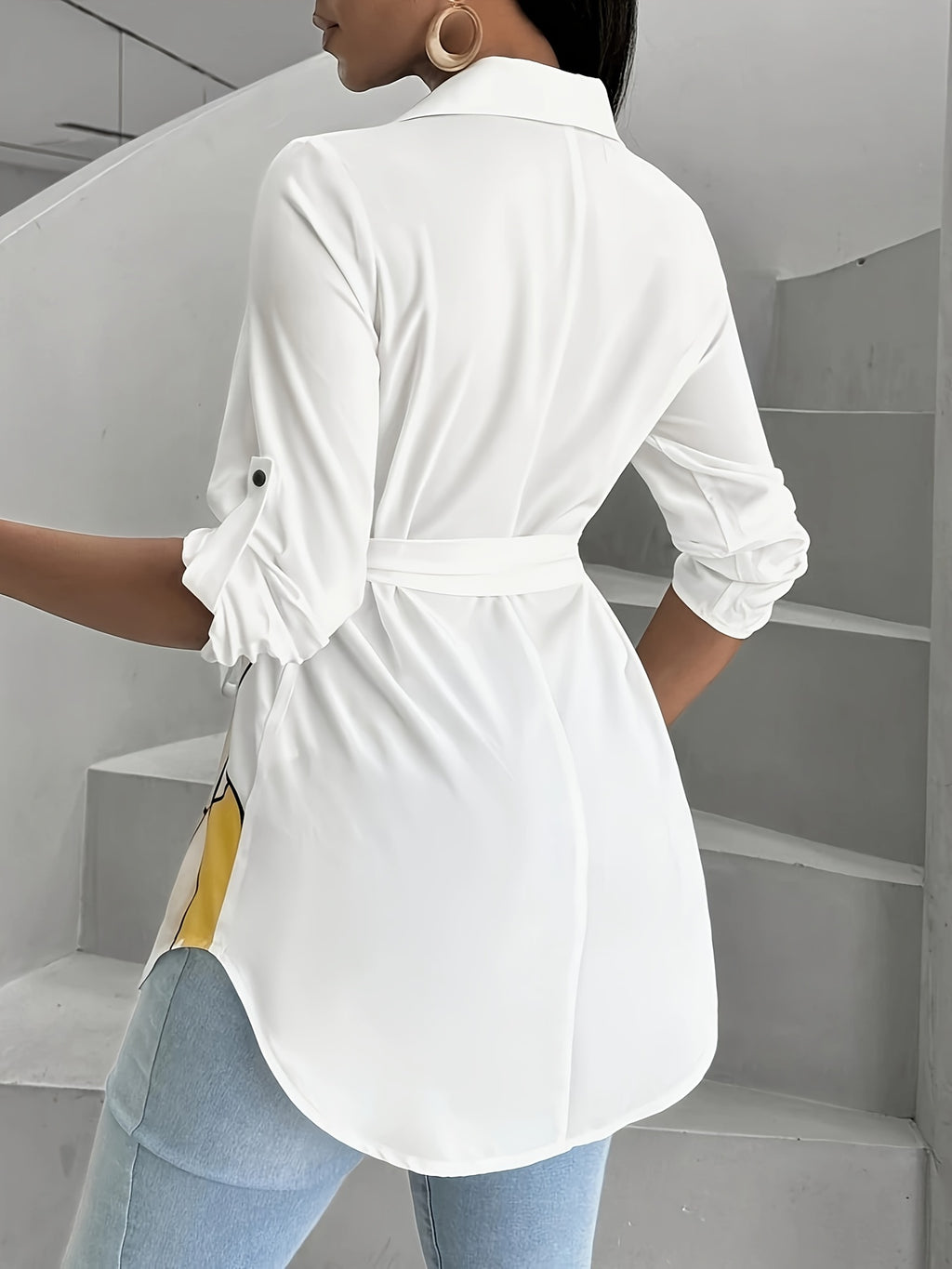 Directional European And American Fashion Portrait Printed Button-Up Long Sleeve Shirt - White