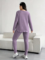 2-Piece V-Neck Top + Pants Set, Fleece Striped Outfit, Loose V-Neck Top, Waist-Tie Slimming Pants, Solid Color, Casual Sportswear Home Wear - Purple
