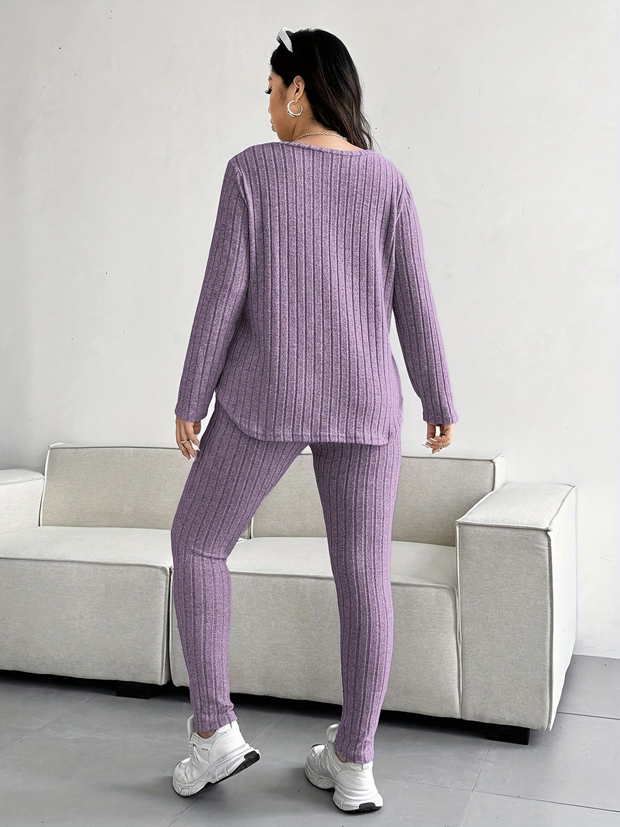 2-Piece V-Neck Top + Pants Set, Fleece Striped Outfit, Loose V-Neck Top, Waist-Tie Slimming Pants, Solid Color, Casual Sportswear Home Wear - Purple