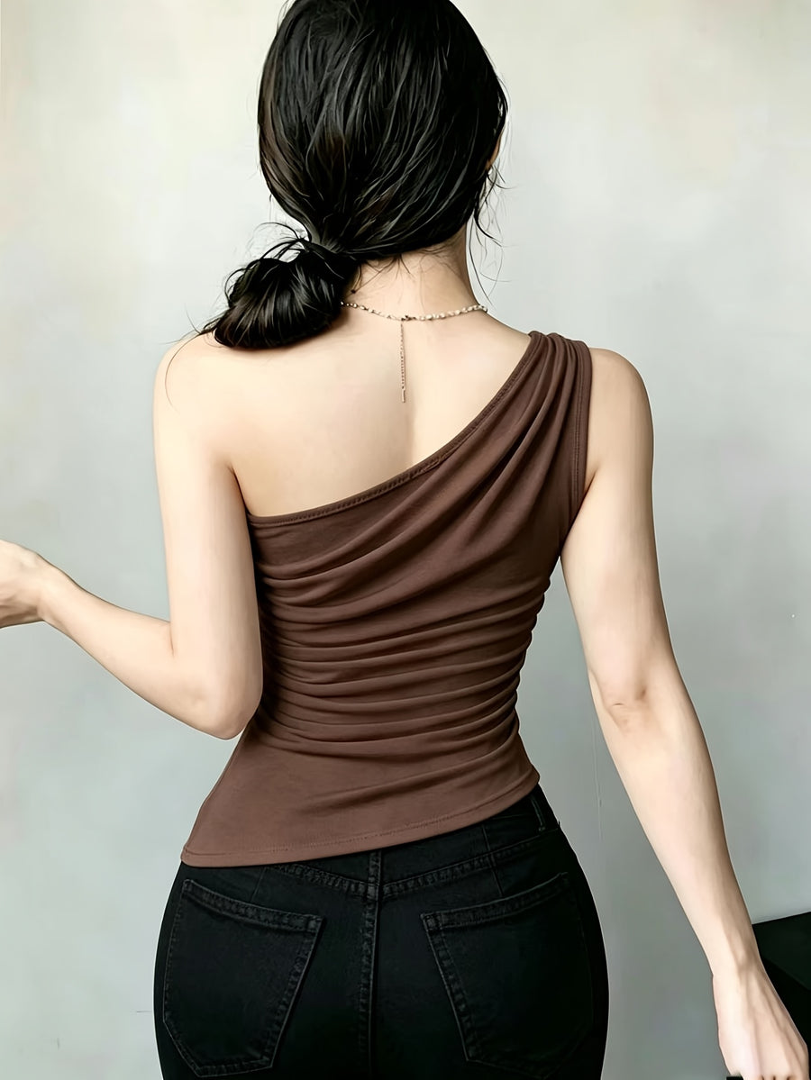 YY260317030 Women'S Asymmetrical Hem Pleated Waist Casual Top - Coffee Color