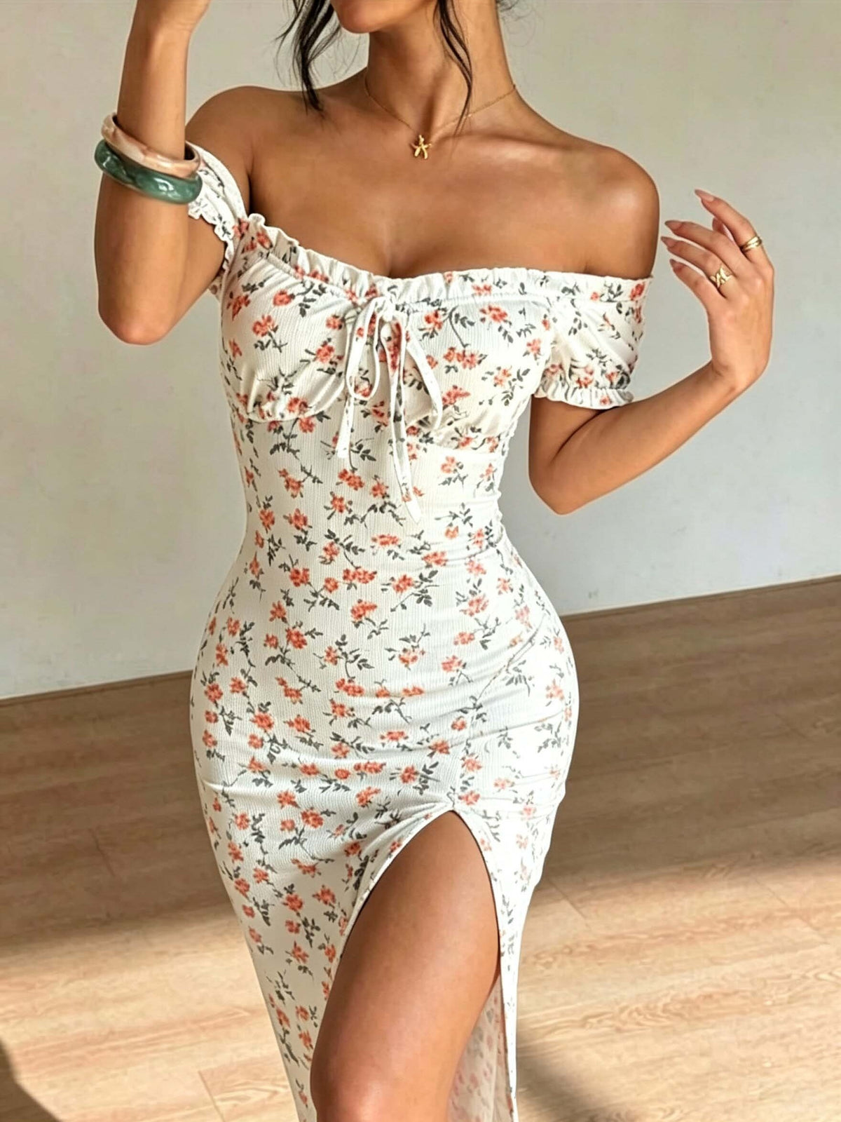 Small Floral Off-The-Shoulder Side-Slit Dress, Women'S Pure Temptation Style Off-Shoulder Waist-Cinching High-Slit -Covering Midi Dress, Suitable for Vacation Travel, Dates Afternoon Tea, And Casual Wear - Orange
