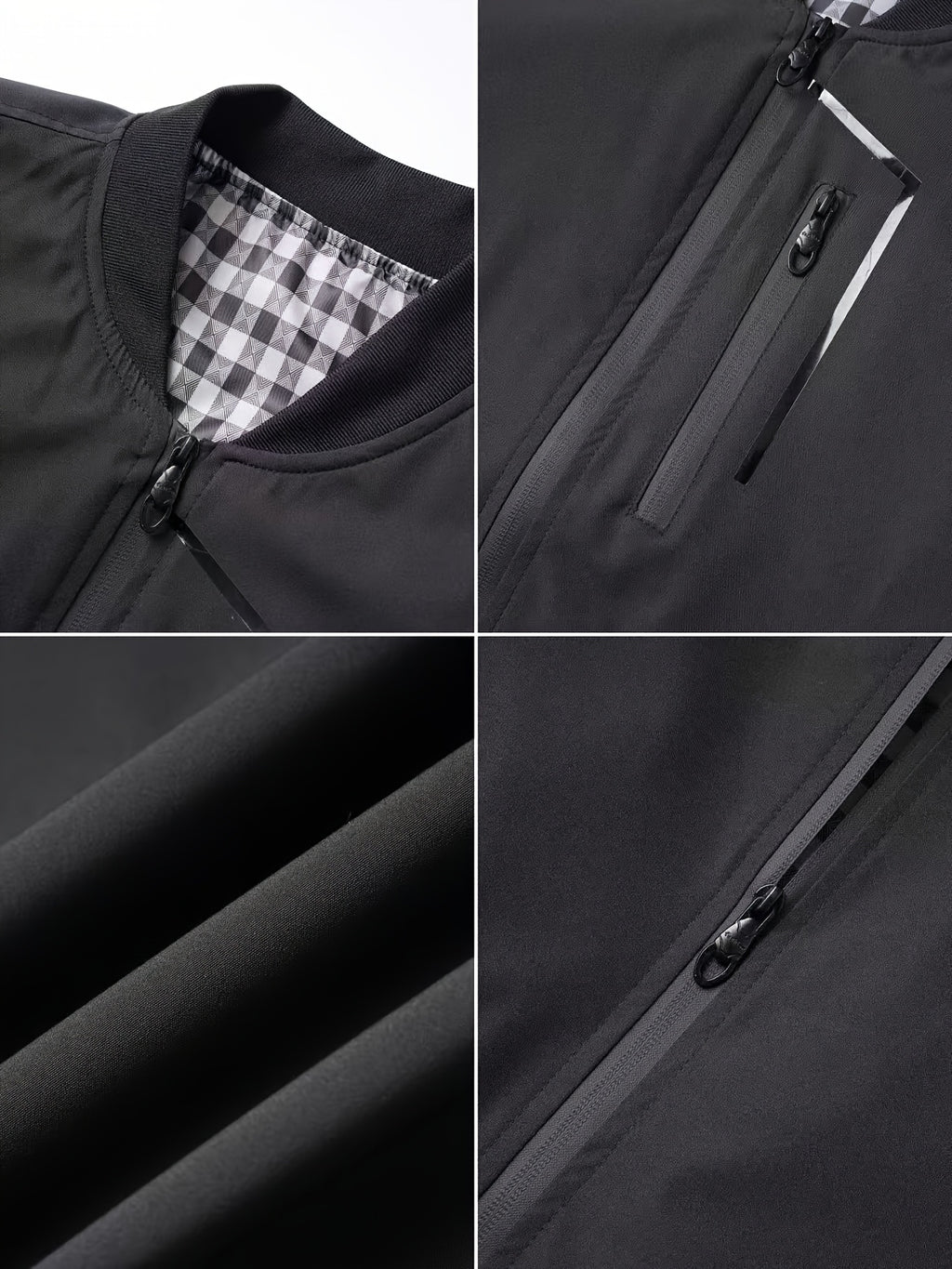 Holiday Gift Choice for Dad 1pc Men'S Black Windproof Solid Polo Metal Zipper Head Slant Pocket Biker Style Spring Autumn Slim Fit Commuter Casual Jacket - Black