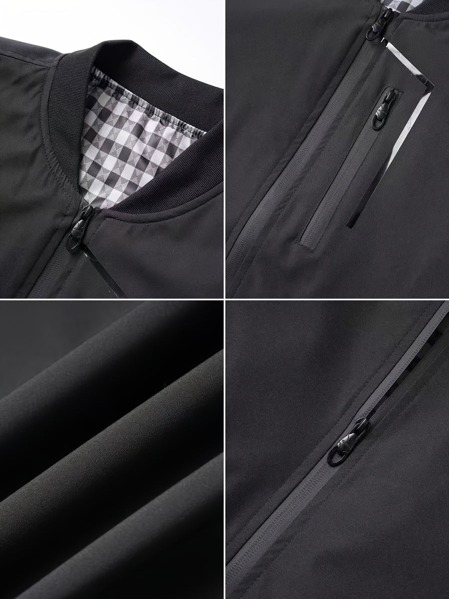 Holiday Gift Choice for Dad 1pc Men'S Black Windproof Solid Polo Metal Zipper Head Slant Pocket Biker Style Spring Autumn Slim Fit Commuter Casual Jacket - Black