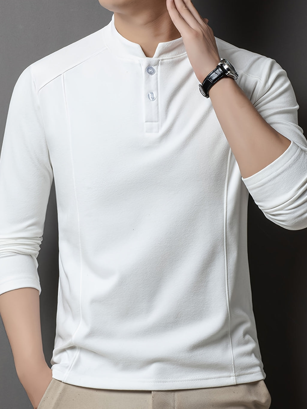 Men's Henley Neck Long Sleeve Base Layer Shirt, Slim Fit but Not Tight, Suitable for Middle-Aged Men, with a Light Business-Casual Vibe. -SINBOS - White