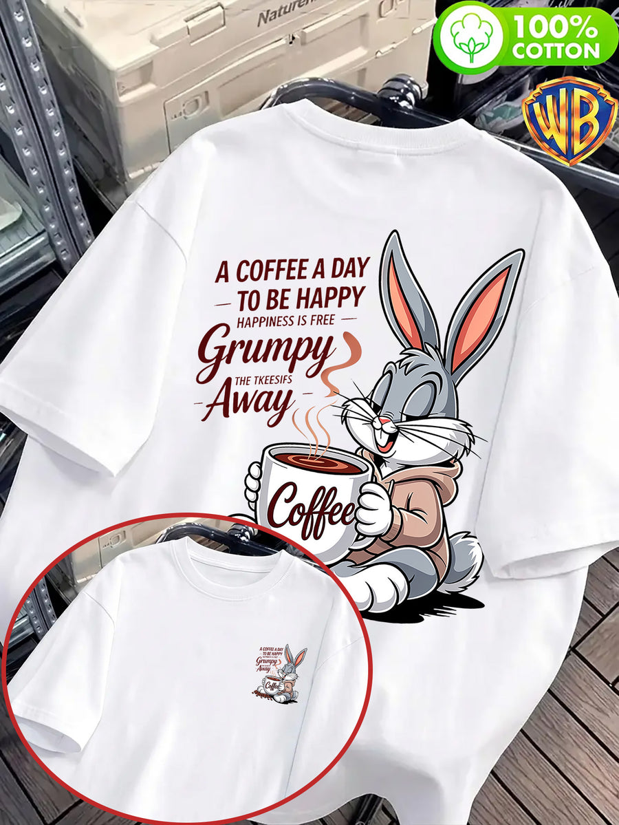 Coffee Healing Rabbit Front And Back Print Men'S T-Shirt, Unisex Fashion Top, Breathable And Sweat-Absorbing, Nontacky Back, Body Shaping, Casual Versatile, Suitable for Commuting, Fitness, Outdoor Activities, Street Style, Beach Vacation - White