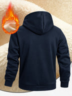 ICON Pattern Print, Men's Thickened -lined Zip-up Hooded Jacket, Versatile Warm -lined Outerwear for Daily Home and Outing Wear - Navy Color