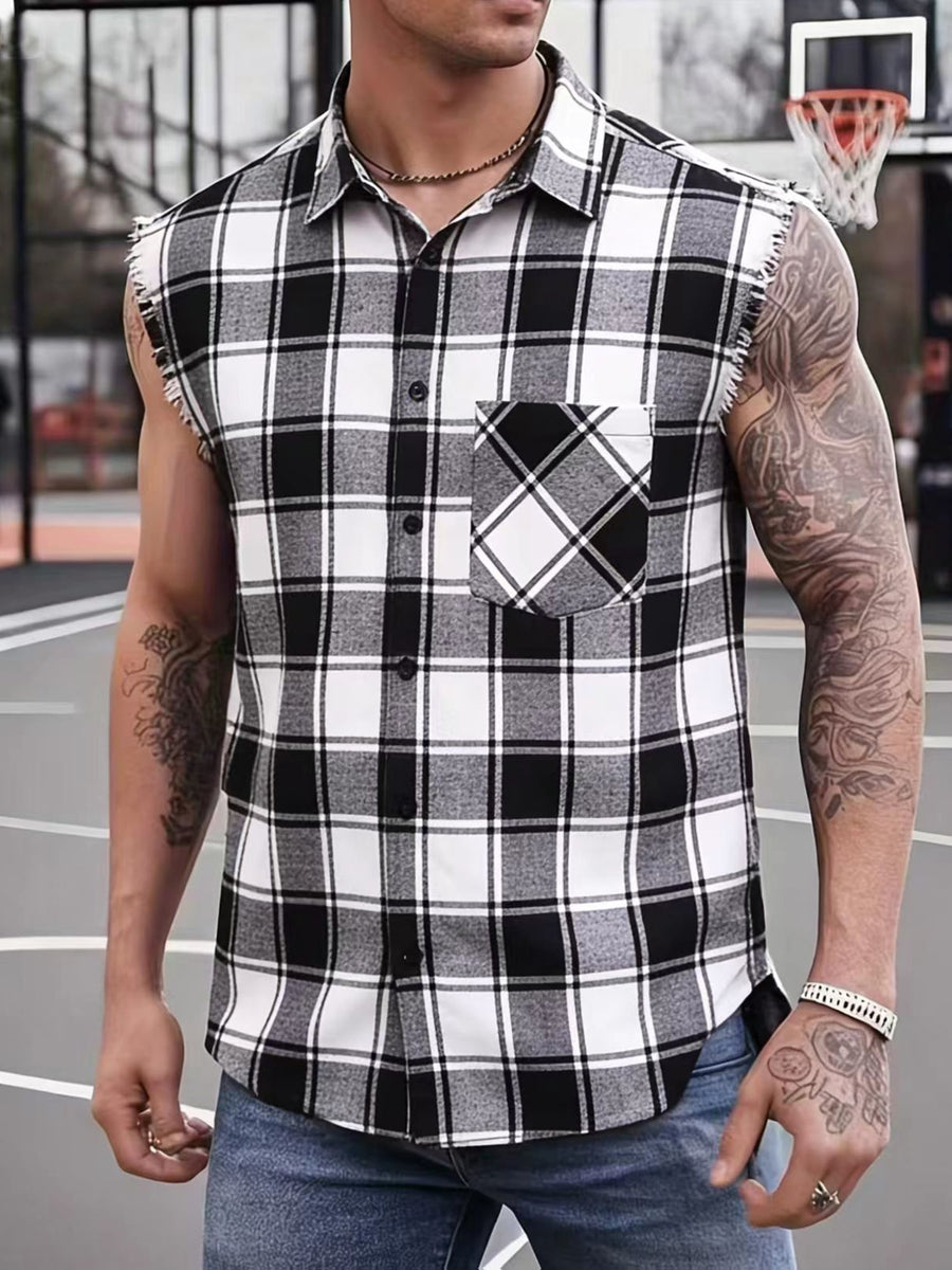 Men'S Summer Sleeveless Plaid Shirt - Raw Edge Cuffs And Lightweight Fit, Beach-To-Street Versatile Style Upgrade - Black