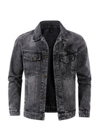 Men's Vintage Washed Denim Jacket Oversized Lapel Button Casual Trucker Coat Loose Fit Classic Jean Outerwear for European Sizes - Black Gray