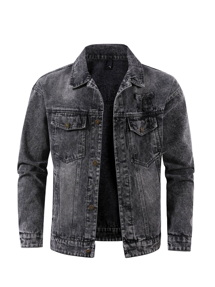 Men's Vintage Washed Denim Jacket Oversized Lapel Button Casual Trucker Coat Loose Fit Classic Jean Outerwear for European Sizes - Black Gray